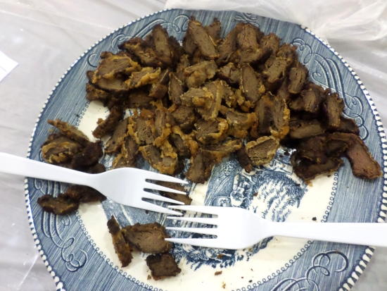 Coot was dipped in an egg-milk mix, coated with a seasoned flour, and fried lightly in a pan.