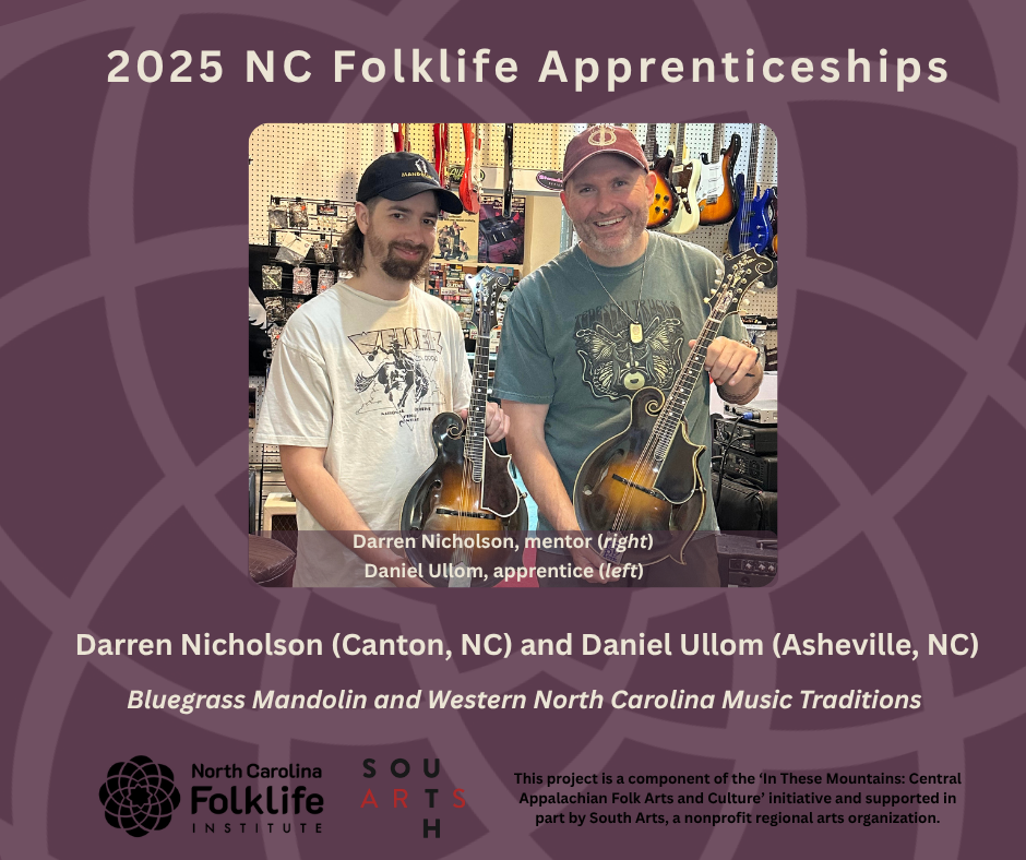 Darren Nicholson (2025 NC Folklife Apprenticeship mentor) and Daniel Ullom (2025 NC Folklife Apprenticeship apprentice) stand side by side holding and displaying mandolins.