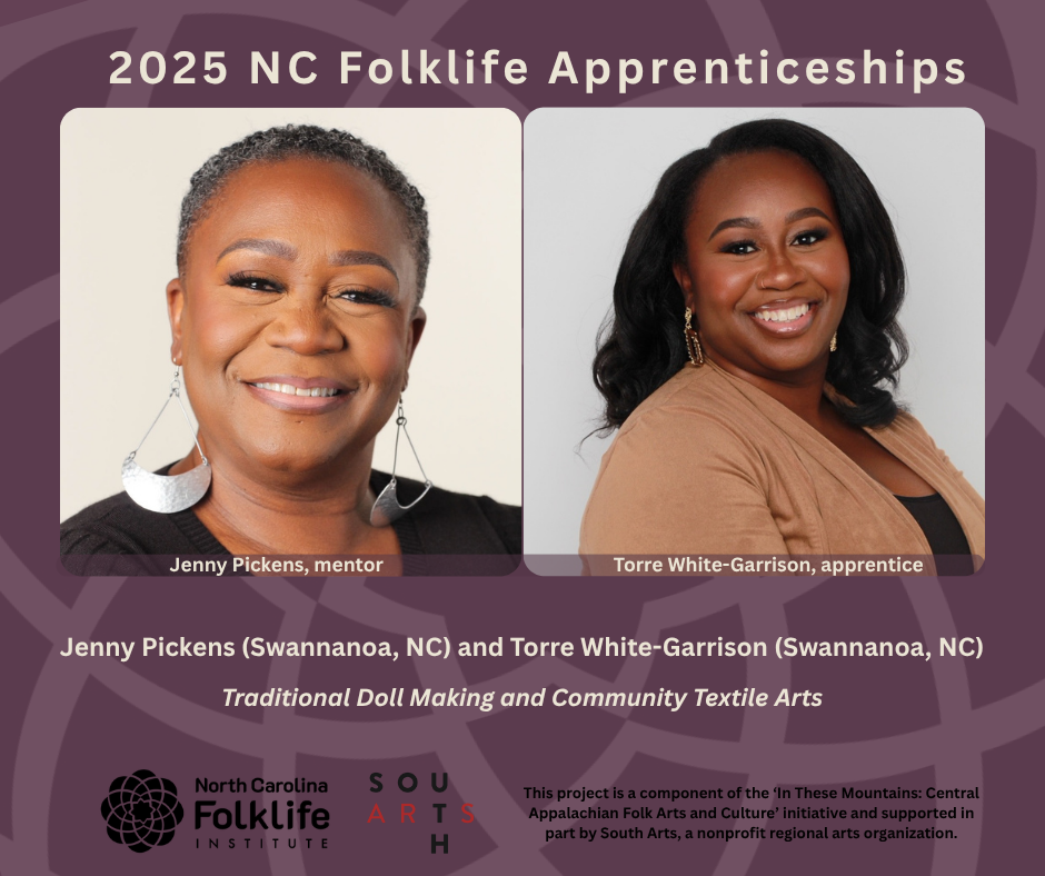 Headshots of Jenny Pickens (2025 NC Folklife Apprenticeship mentor) and Torre White-Garrison (2025 NC Folklife Apprenticeship apprentice)
